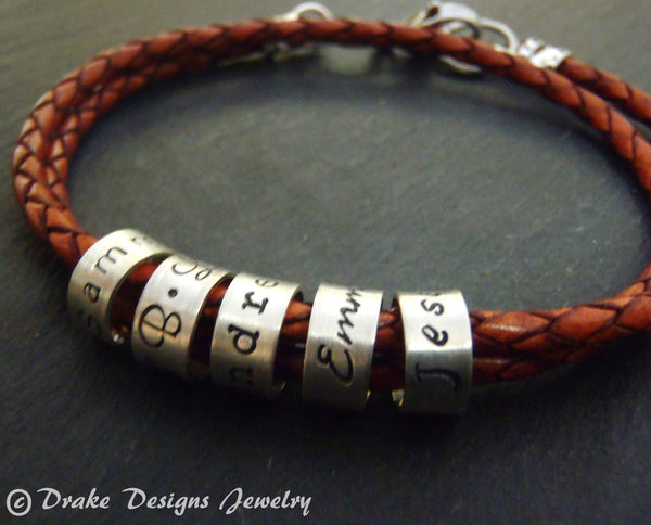 Leather Bangle Custom 3-8 Names Beads Charm Bracelet Jewelry Gift