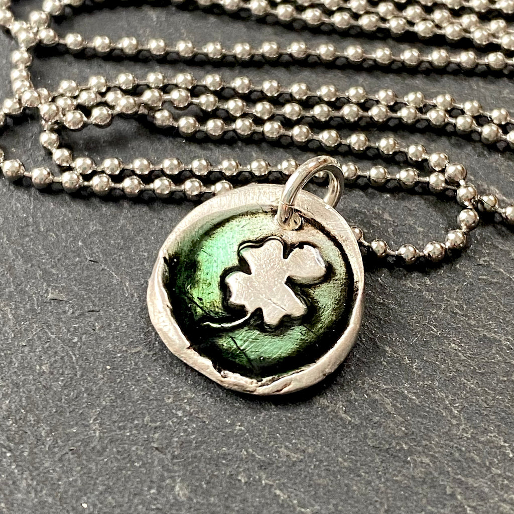 Wax seal green clover necklace. Tiny four leaf clover organically form –  Drake Designs Jewelry