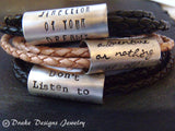 Personalized women's or men's leather bracelet with custom message or inpirational quote - Drake Designs Jewelry